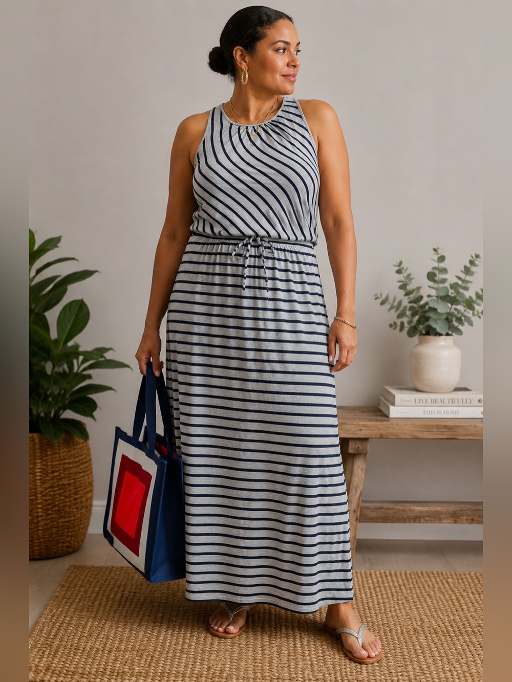 Seven7 | Navy and Grey Mixed Striped Sleeveless Maxi Racer Back Dress